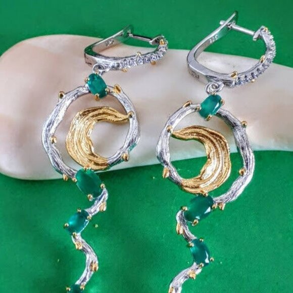 Natural Green Agate 925 Sterling Silver Handmade Earrings. - Picture 4 of 7